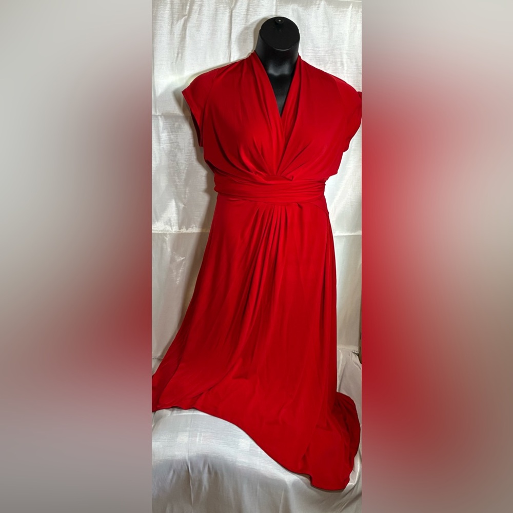 Michael Kors Red Draped V-Neck High-Low Midi Dress Empire Waist